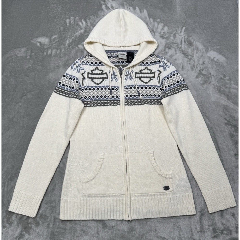 Harley Davidson Sweater Jacket Womens Large Knit Wool‎ Isle Hoodie Biker Vintage